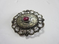 Vintage 900 Silver &Pink Stone Niello Brooch Pin ~ 14.5 grams