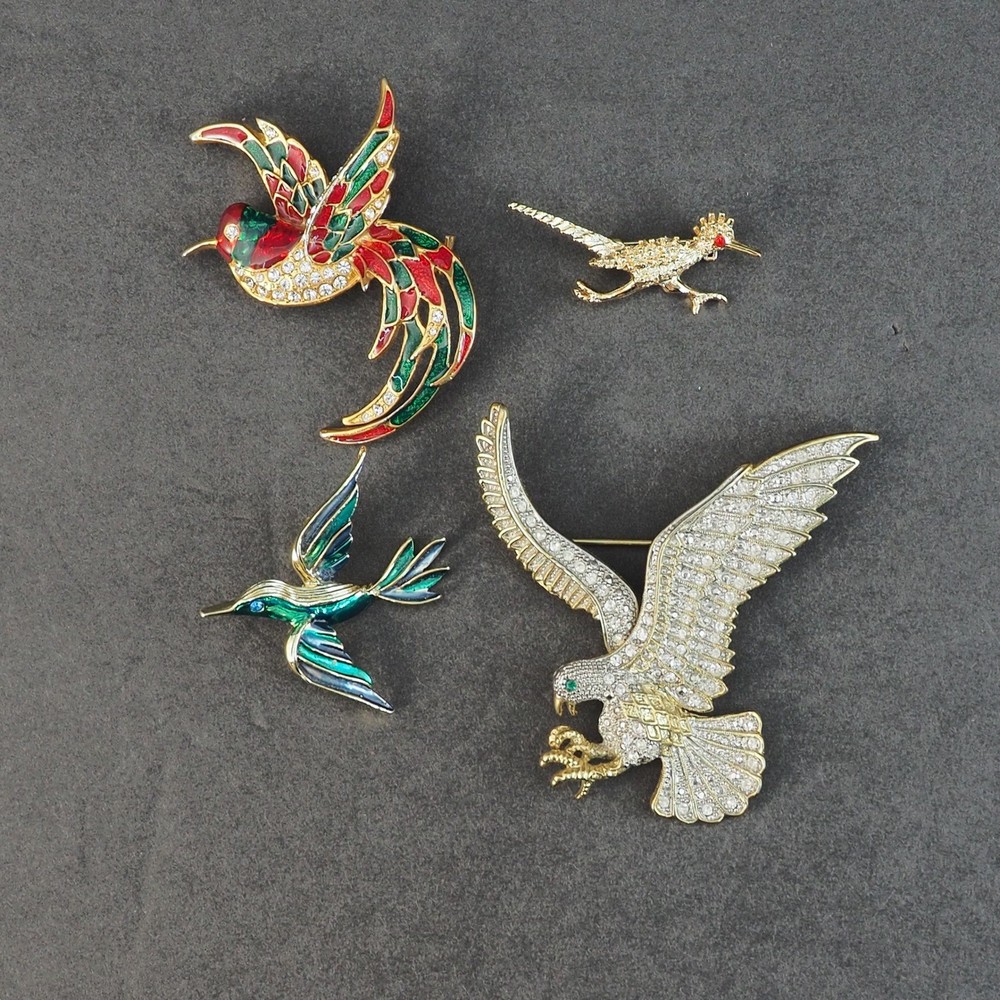 Jewelry Lot Bird Brooch Pin Eagle Hummingbird Roadrunner Rhinestone Enamel Gold