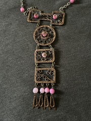 Vintage Casa Maya Mexico Necklace Copper Brass Pink Color Beads —