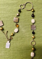 Lia Sophia Cipriani Necklace Long Mother of Pearl MOP Glass Beads Amber Gold