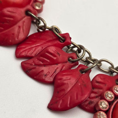 Vintage Bakelite Lucite Floral Bib Necklace Red Leaves Rhinestone Cabochon 21 In