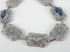 Art Deco Sterling Silver Sapphire Paste Filigree Station Antique Bracelet 7.5″