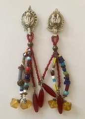 Unique Vintage 1980s 5.5” Length Hand Beaded Earrings Handmade in Africa