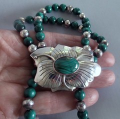 CAROL FELLEY VINTAGE STERLING NECKLACE w MALACHITE, 2 1/4″ PENDANT, 74 GRAMS