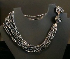 Black Czech Glass 12 Strand 1950’s Necklace Statement Push In Clasp VTG 15″