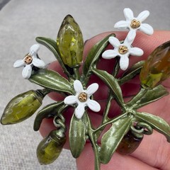 Vintage Lemon Branch Brooch Enamel Flowers Acrylic Green Fruit Dangles 2 Inches