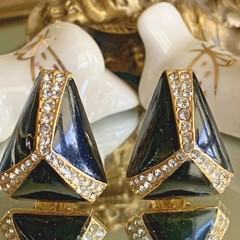 Vintage Ciner Asymmetrical Gold Plated Black Enamel Crystal Clip-On Earrings