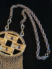 Vintage Very Large Bold Goldtone Blue Stone Edlee multi stand chain Necklace