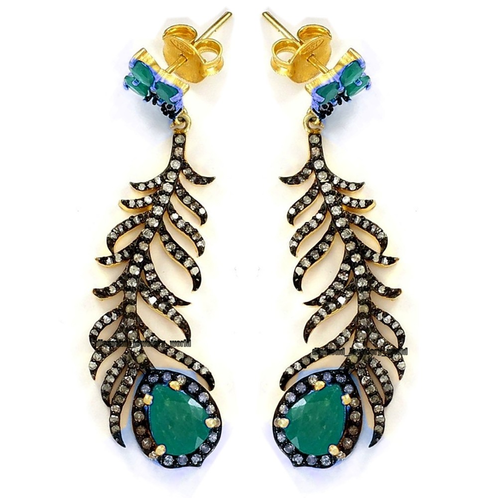 Stunning 2.51ctw Rose Cut Diamond Emerald Silver Vintage Feather Earring Jewelry
