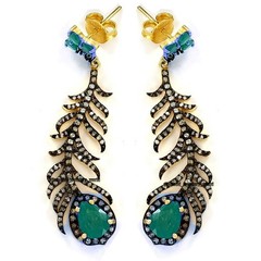 Stunning 2.51ctw Rose Cut Diamond Emerald Silver Vintage Feather Earring Jewelry