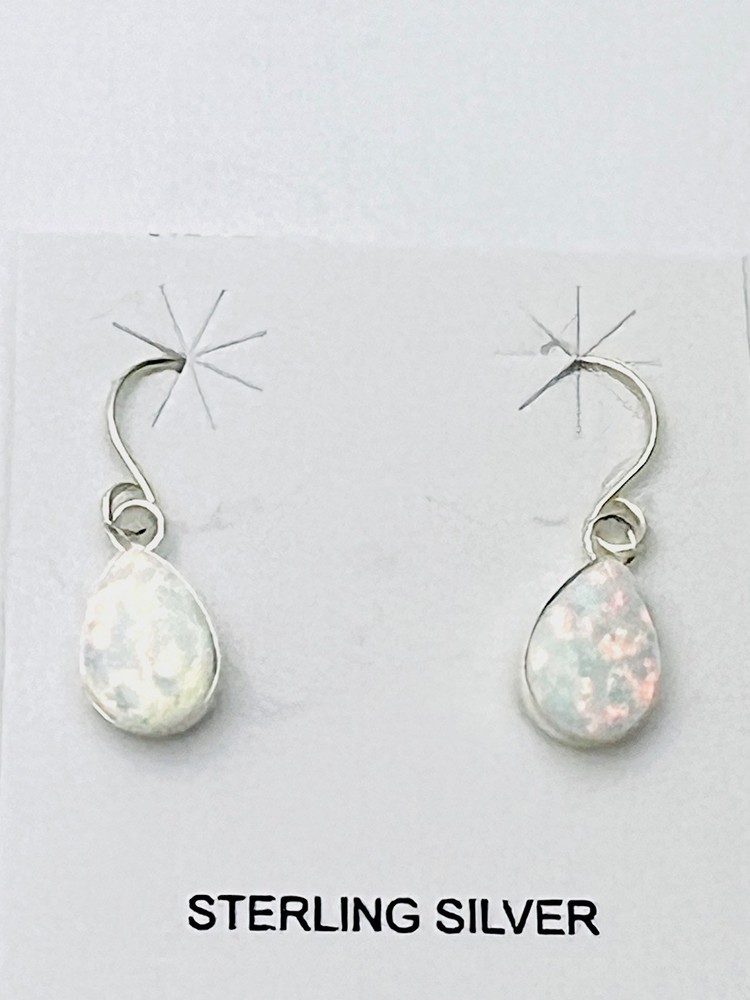 925 Sterling Silver Lab Created Pear White Opal Fishwire Pierced Earrings