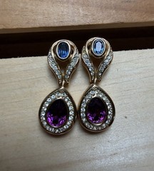 Vintage Gold Tone Dangle Post Back Earrings Amethyst Sapphire Rhinestone Halo
