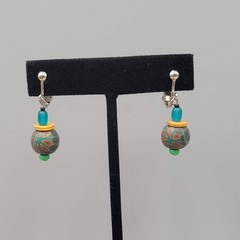 Polymer Clay Bead Multicolor Clip on Earrings Silver tone Dangle 1″