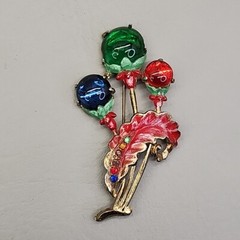 Vintage Flower Brooch Glass Cabochons Jewel Tones Red Enamel Leaf 3 1/8″
