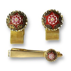 VTG Lamode Cufflinks Tie Bar Men Gold Tone Imported Stone Cabochon Floral Carved