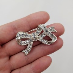Silver Tone Bow Clear Rhinestone Brooch Unmarked Pin