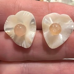 Vintage Mother Of Pearl heart shaped lead earrings pink glass stone center