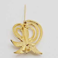 Heart Modernist Abstract Faux Pearl Rhinestone Open Metal Gold Tone Brooch Pin