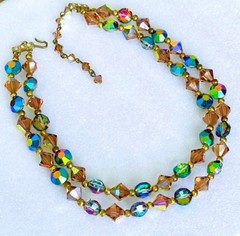 Vintage 1960s Two Strand Topaz Brown Blue Green Carnival Crystal Glass Necklace