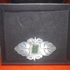 Taxco Stamped 980 Sterling Silver Leaf Brooch Pin Green Rectangle Stone