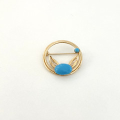 Vintage Gold Tone Blue Sleeping Beauty Glass Cabochon Filigree Round Brooch Pin