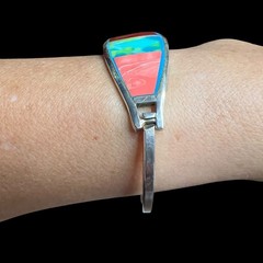 Vintage Alpaca Mexico Bangle Bracelet Multi Color Enamel Silver Tone 7.2 in