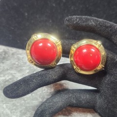 Vintage Gold Tone Red Cabochon Clip On Statement Earrings Round 1 Inch