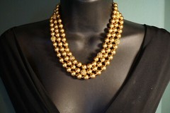 Vtg Signed CA MONOGRAM Three Strand GOLD TONE FAUX PEARL (9.5mm) Necklace 18”
