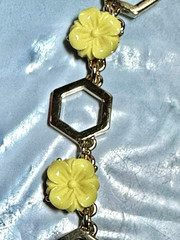 Gold Tone Enamel Bumble Bee & Honey Comb Yellow Flower Necklace, Signed Talbots