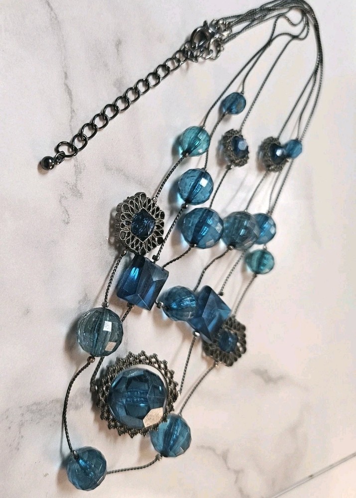 Multi-strand Blue Glass Metal Filigree Plastic Faceted Beads Squares Necklace