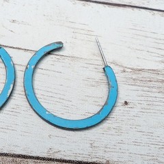 Vintage Earrings For Pierced Ears Light Bright Blue Hoops – Paint Chips/Tarnish