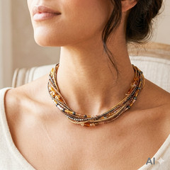 Citrine Gemstone Hematite Glass Bead Multi Strand Necklace Gold Tone 18″ Collar