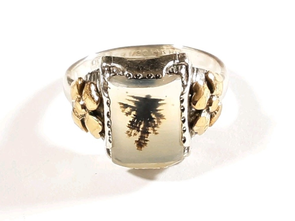 ANTIQUE OSTBY BARTON STERLING & 14K YELLOW GOLD MOSS AGATE SIZE 7.5 RING 3.1g