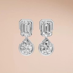 Emerald & Pear Lab Grown Diamond Bezel Set Drop Dangle Statement Earring