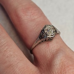 Antique Belais 18K White Gold Art Deco Ring Elongated Old Mine Cut Diamond
