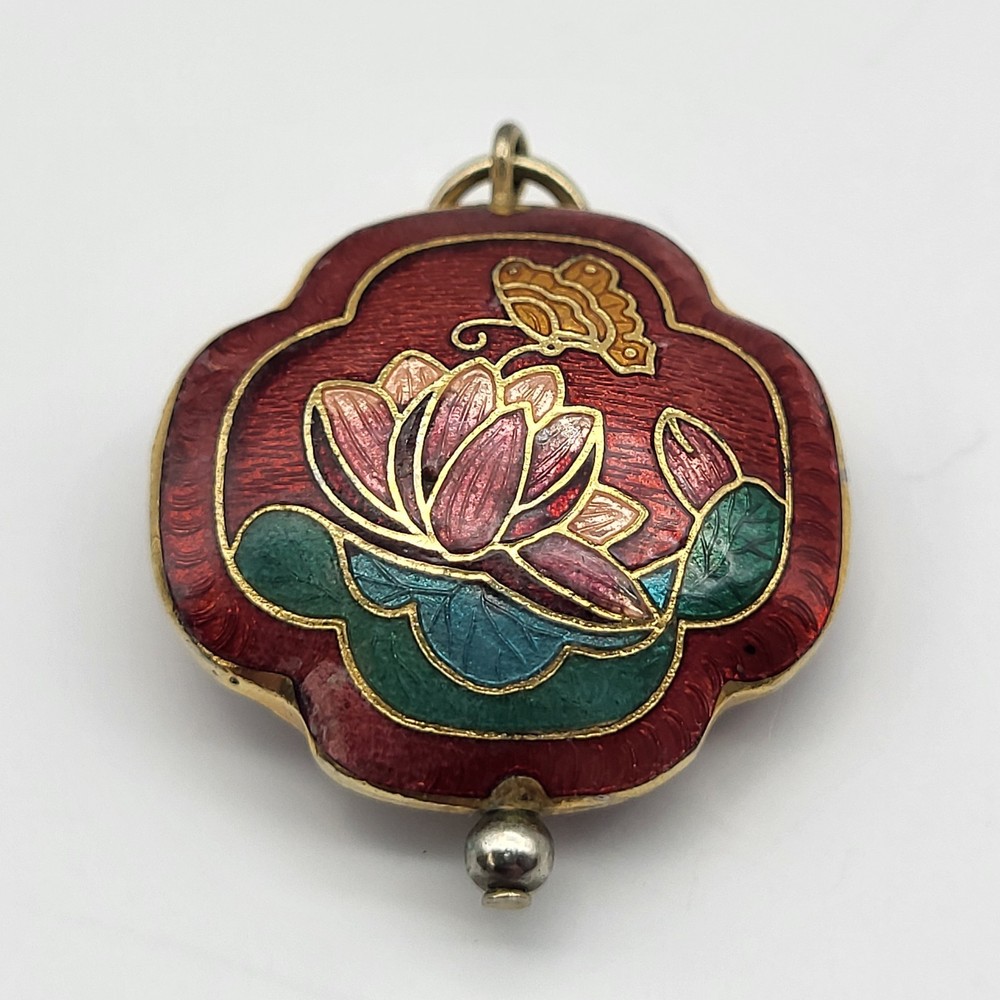Lovely vintage enamel butterfly lotus pendant double sided elegant