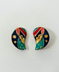 Vintage Fernando Originals F.O. Enamel Clip-On Earrings Abstract 80s Gold Tone