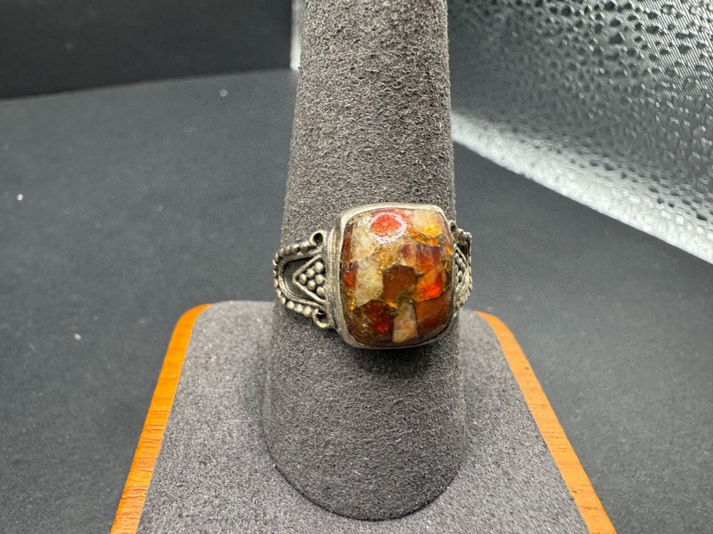 Vintage Sterling Silver 925 Statement Ring Fire Opal Textured Band Size 10