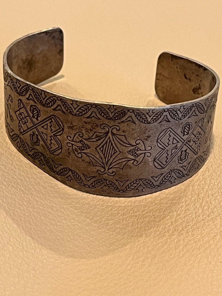 Primitive Vintage Engraved Cuff Bracelet Silver Plated Mixed Metal w/ Copper