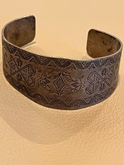 Primitive Vintage Engraved Cuff Bracelet Silver Plated Mixed Metal w/ Copper