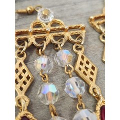 Gold Tone Clear AB Crystal & Red Marquise Glass Dangle Drop Earrings 4″ Long VTG