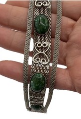 Vintage Silver Tone Filigree Mesh Bracelet Green Cabochon Stones Ornate Design