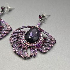 Purple Rhinestone Dangle Earrings 2″ Art Deco Fan Statement Gunmetal Boho