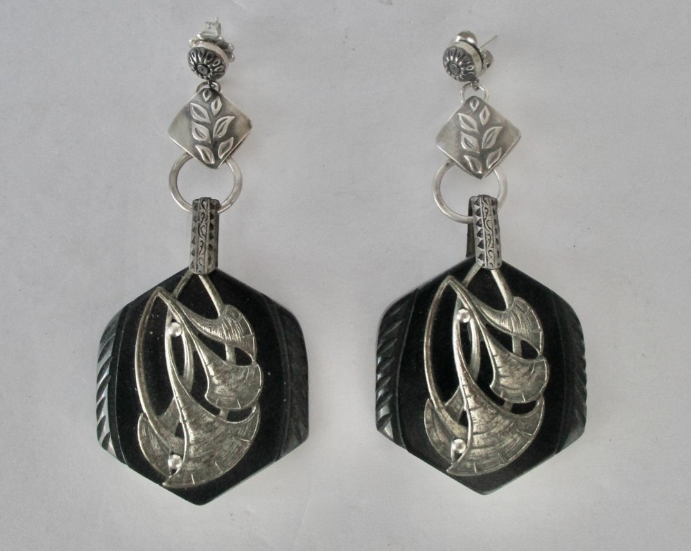 Pair of Antique Runway Bakelite Earrings Original Cape Clasps With Sterling Tops