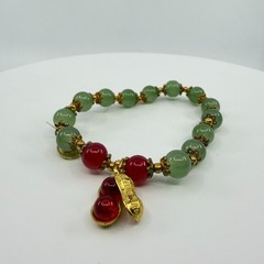 Green Jade & Red Bead Bracelet Gold Tone Peanut Charm Lucky Boho Stacking Gift