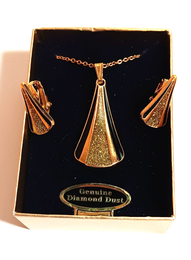Vtg Art Deco Genuine Diamond Dust Necklace & Clip Earring Set, Gold Plated, NIB
