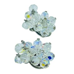 Vintage silver tone aurora borealis crystal glass beaded cluster clip earrings