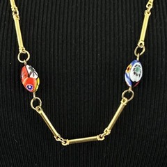 MILLEFIORI bead necklace – vintage Murano glass 28.5″ gold-tone bar link chain
