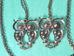 Pair of OWL Pendants W/Colorful Rhinestones Necklaces In Bronze Tone