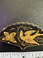 Vintage Damascene Brooch Toledo Gold Spain Birds Flowers Floral Design Fan Shape